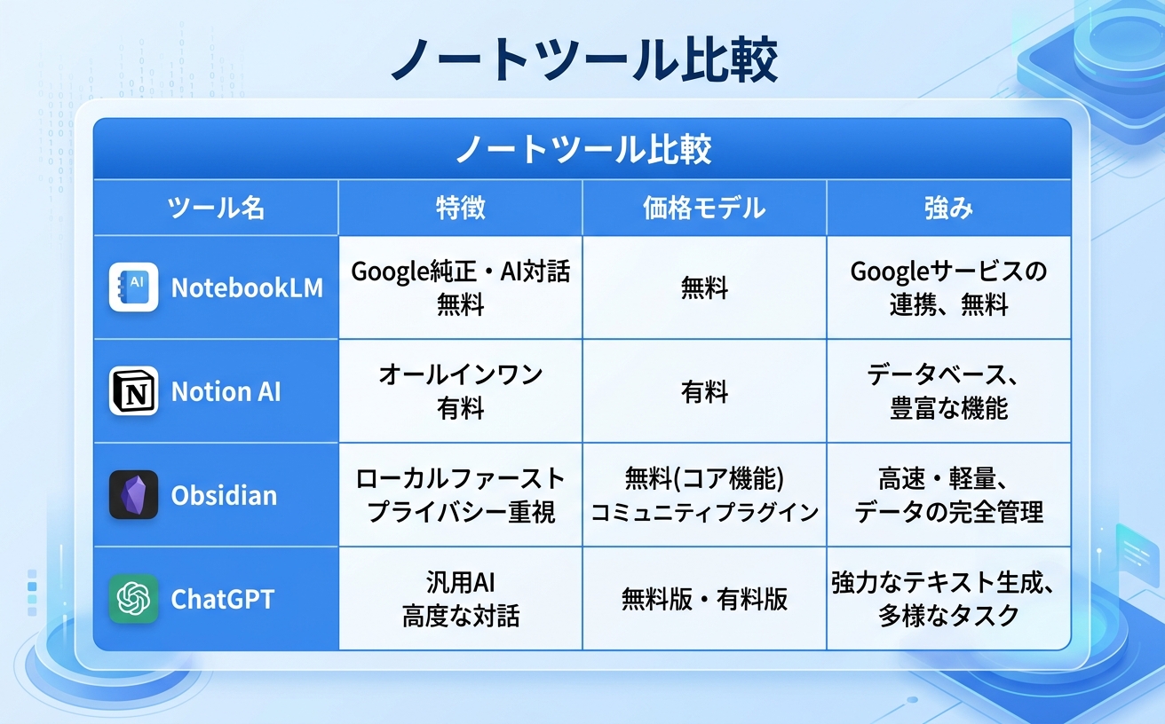 ノートツール比較表を示したインフォグラフィック|notebook lmと他のAIノートツールの比較