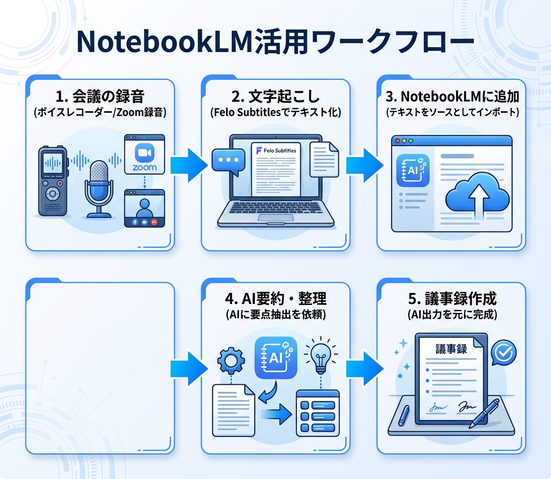 NotebookLM活用ワークフローを示したインフォグラフィック|notebook lmとはAIノートツールの使い方