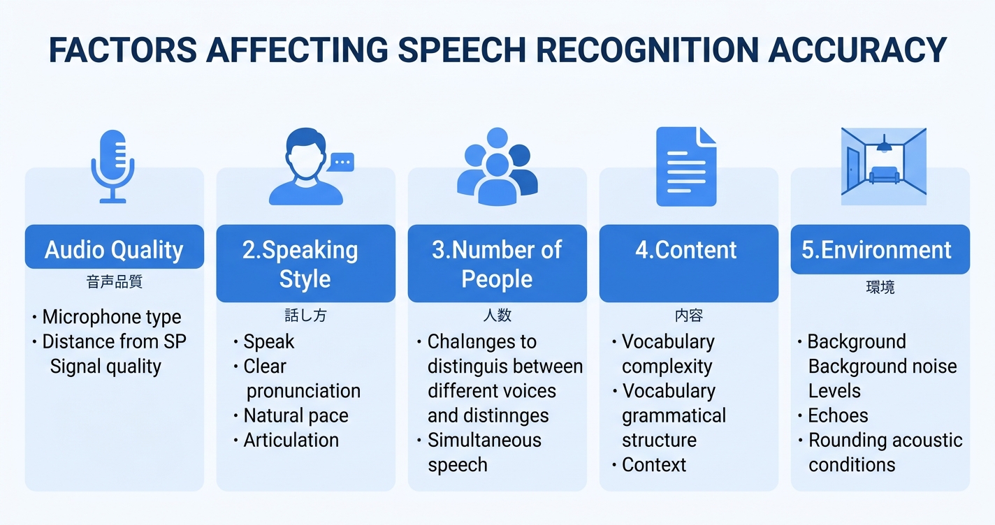 Nottaの精度に影響する要因を示したインフォグラフィック｜notta 精度は環境に大きく依存する