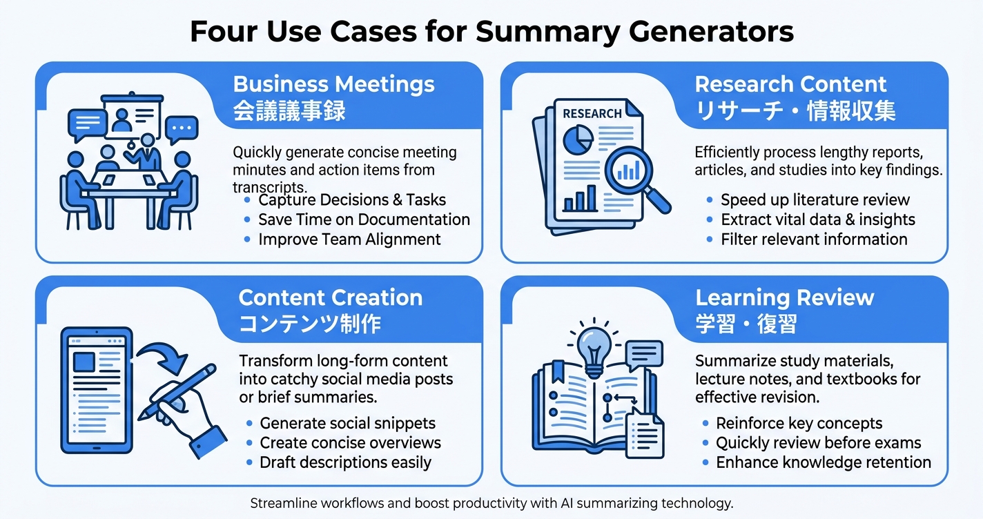 Summary Generatorの活用シーンを示したインフォグラフィック｜summary generatorで情報処理を効率化