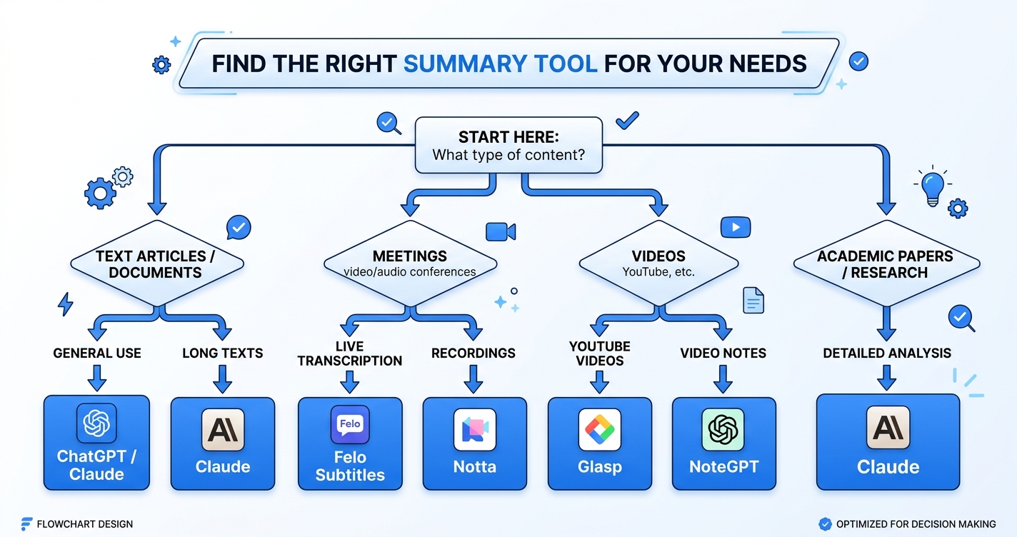 用途別Summary Generatorの選び方を示したインフォグラフィック｜summary generatorは用途で選ぶのが重要
