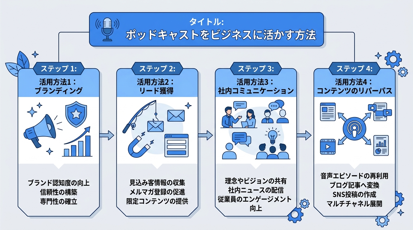 ポッドキャストをビジネスに活かす方法のフロー図｜ポッドキャストとはを可視化