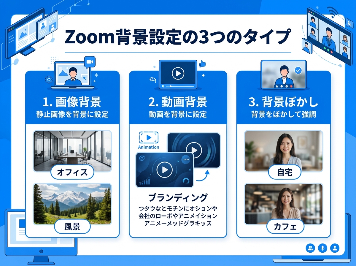 Zoom背景設定の3つのタイプを示したインフォグラフィック|zoom 背景設定で画像・動画・ぼかし効果を使い分ける