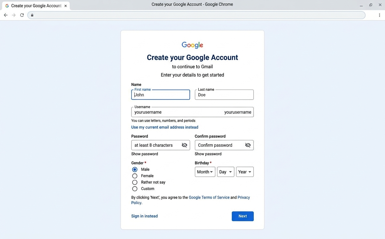 Googleアカウント作成画面｜グーグルミート 使い方