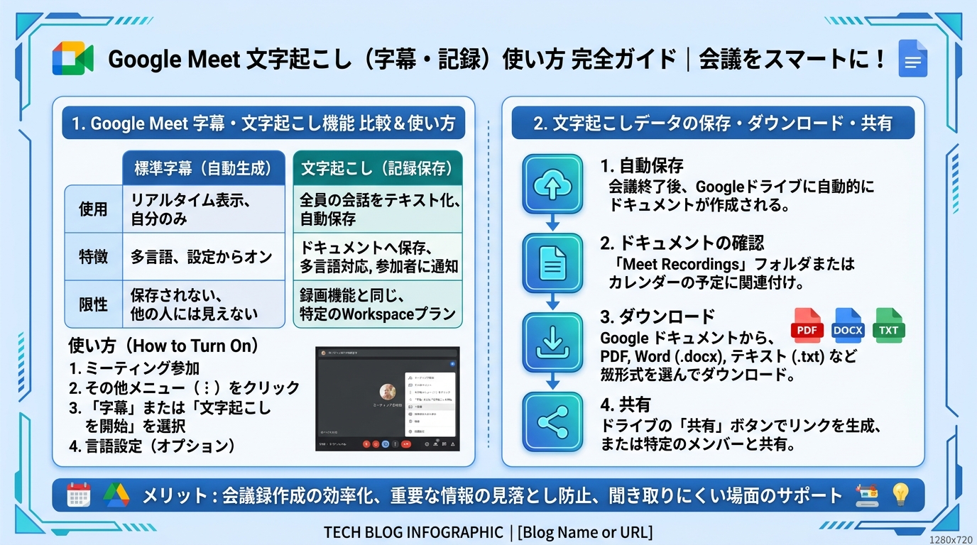 Google Meet文字起こしの使い方|オンにする方法・保存・ダウンロードの手順