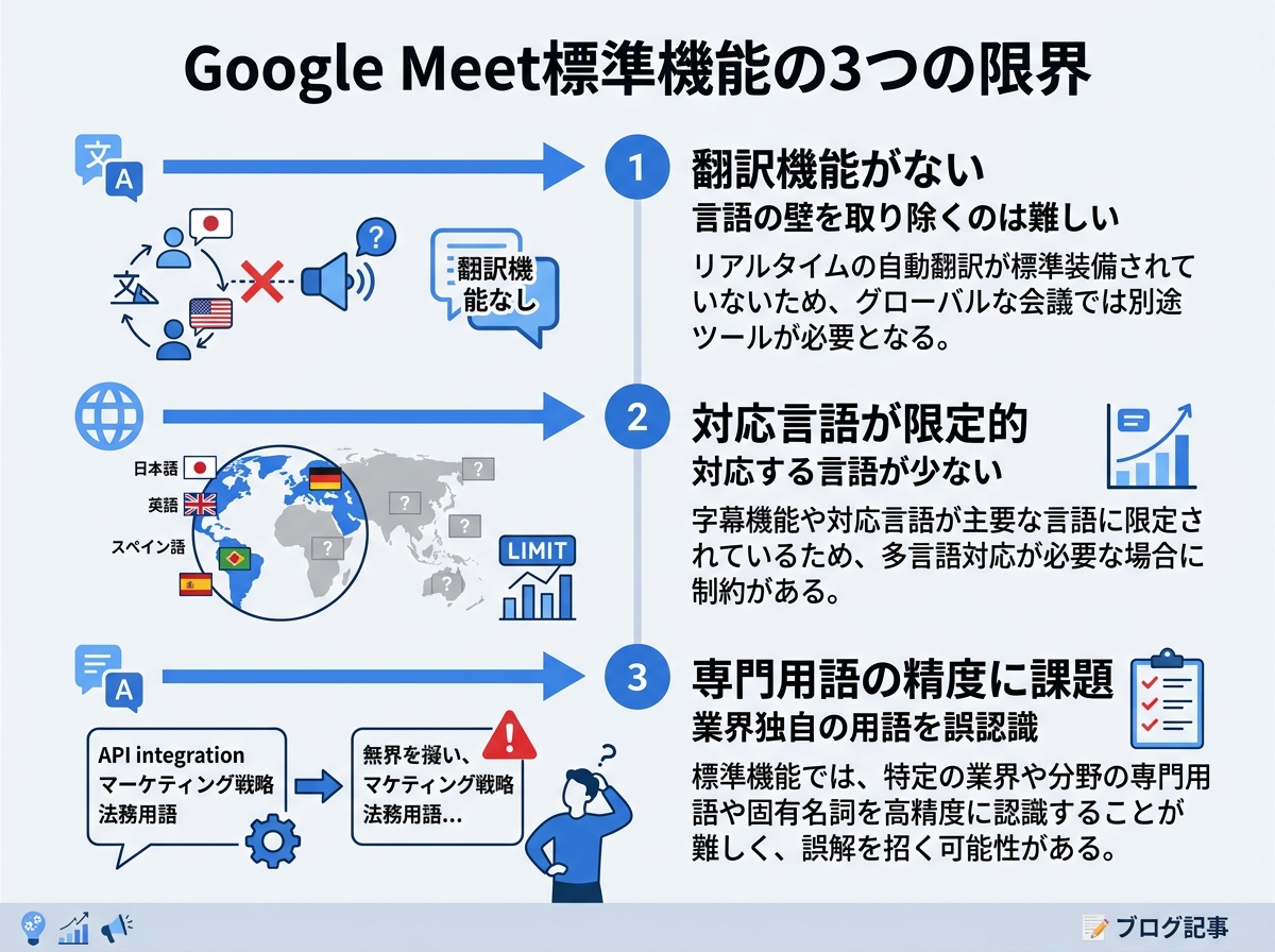 Google Meet標準機能の3つの限界｜Google Meet 字幕 リアルタイム