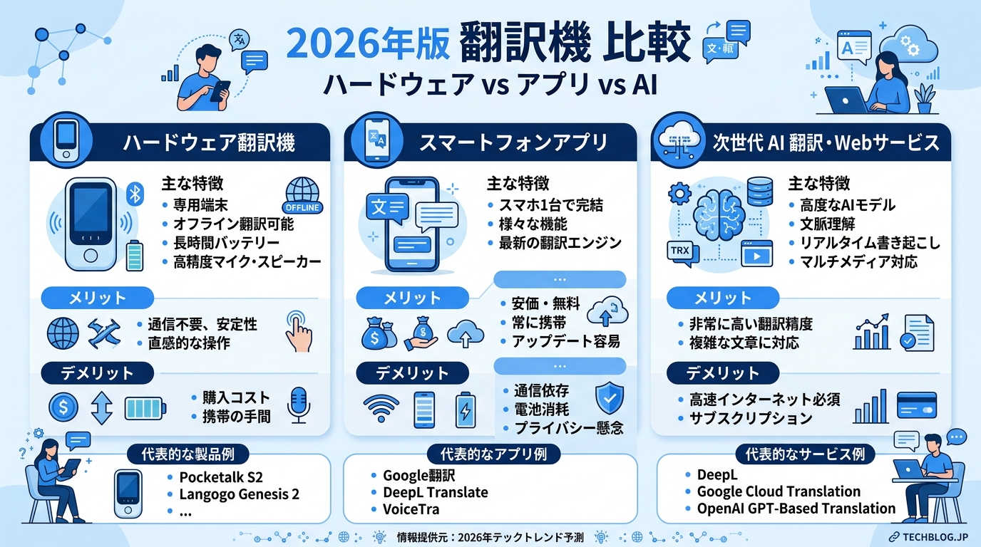 翻訳機比較2026|ハードウェア・アプリ・AIサービスの特徴と料金を比較
