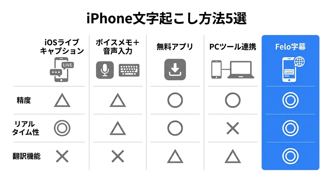iPhone文字起こし方法5選の比較インフォグラフィック|iphone 文字起こし