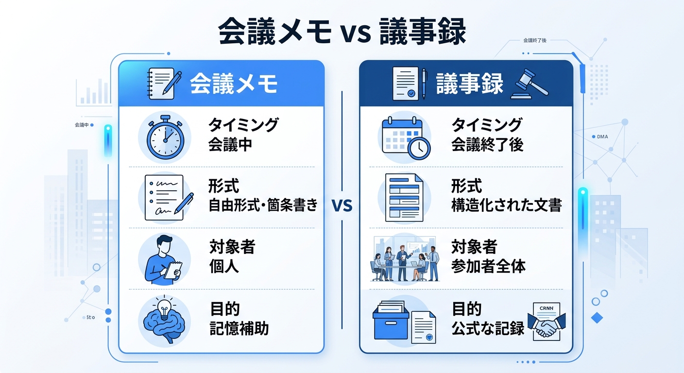 会議メモと議事録の違いを比較した情報図｜会議メモ 効率化