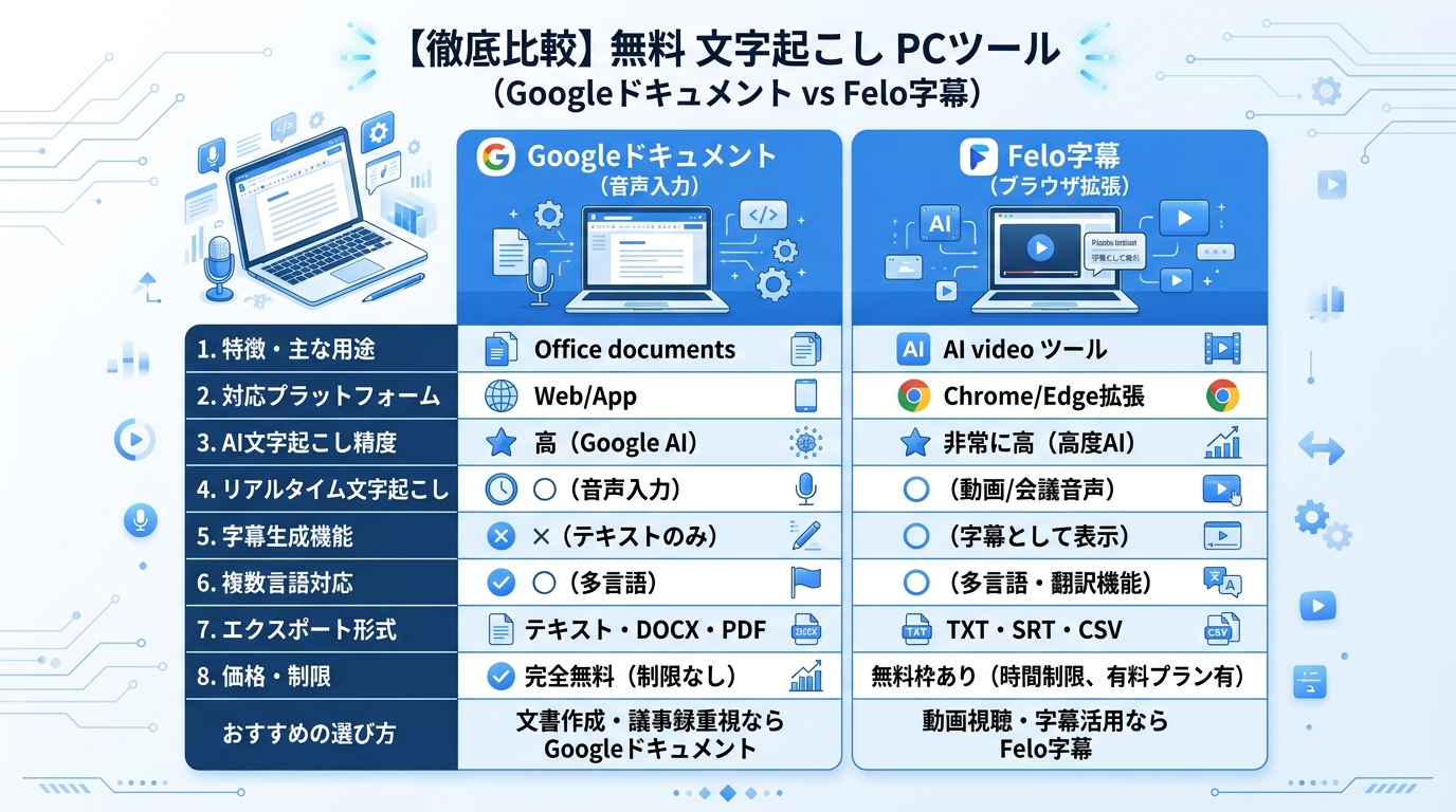 PCで使える文字起こし無料ツール|Googleドキュメント・Felo字幕・Whisperの比較