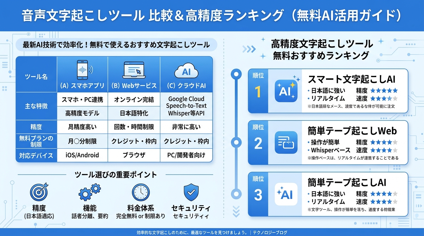 音声文字起こしツール比較｜無料ツールとAIサービスの精度・機能・料金を比較