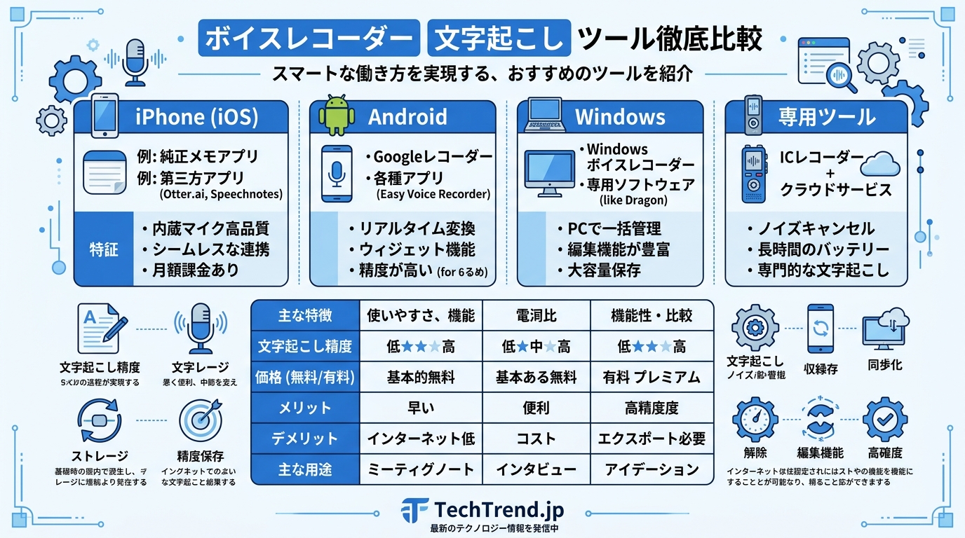 ボイスレコーダー文字起こしツール比較|Felo字幕・Notta・AmiVoice・Googleの特徴と料金