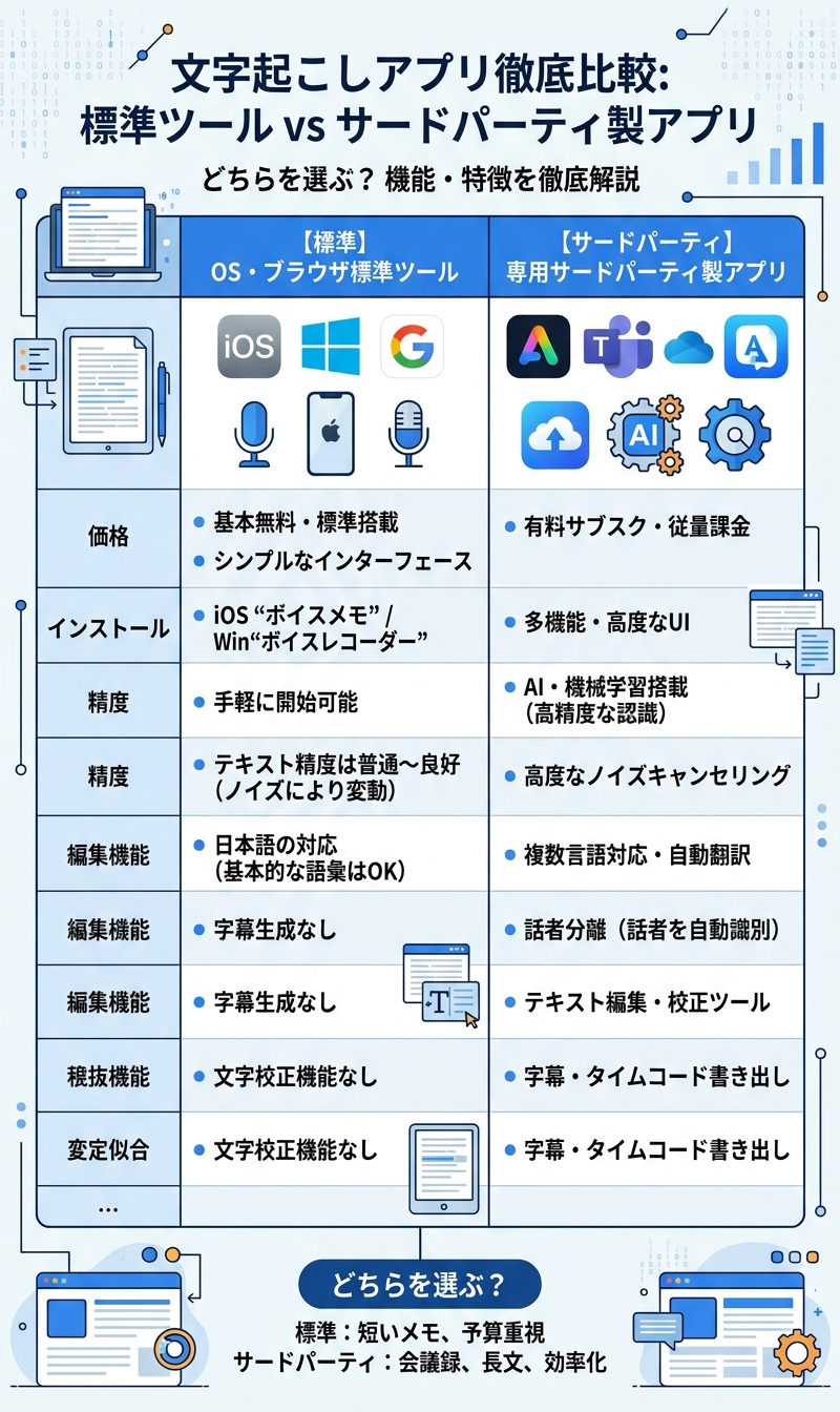 文字起こしアプリ無料の比較インフォグラフィック｜無料 文字起こし アプリ
