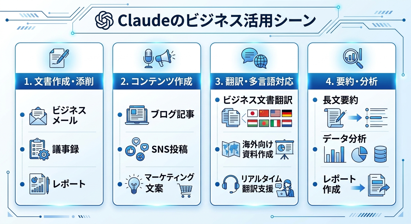 Claudeのビジネス活用シーンを示す情報図|Claudeビジネス活用