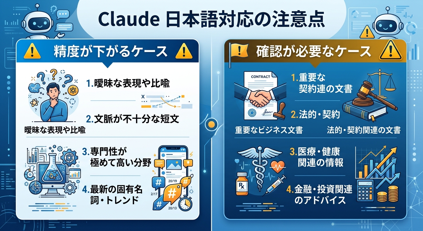 Claude日本語対応の注意点をまとめた情報図|Claude注意点
