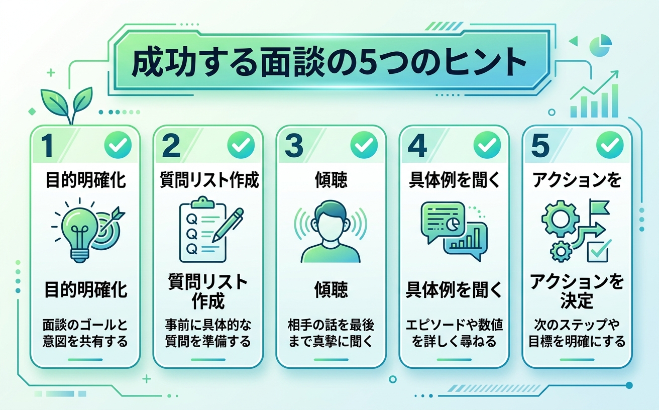 面談を成功させる5つのコツを示す情報図｜目的明確化・質問リスト・傾聴・具体例・アクション決定