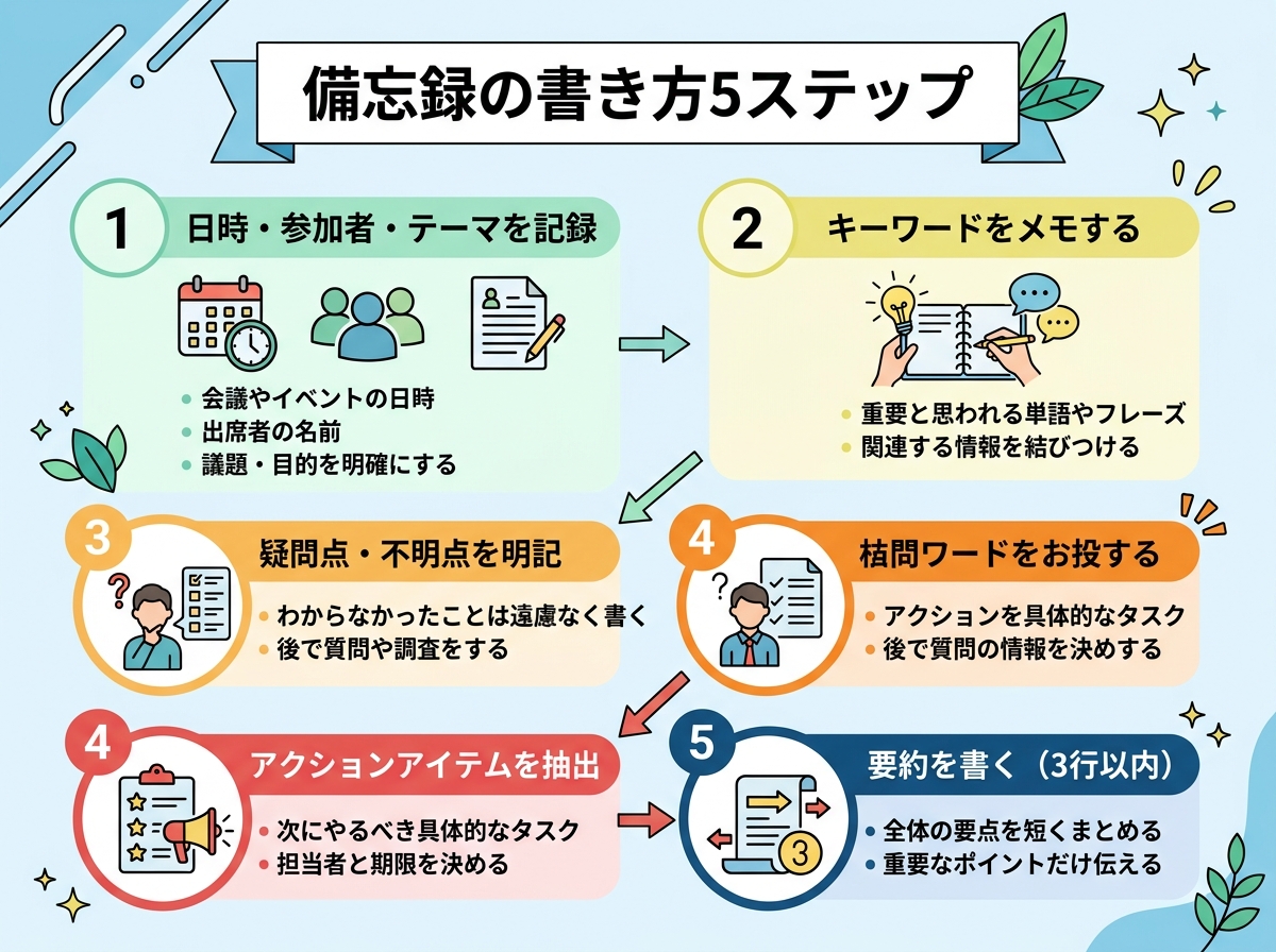 備忘録の書き方5ステップを示す情報図|基本情報・キーワード・疑問点・アクション・要約