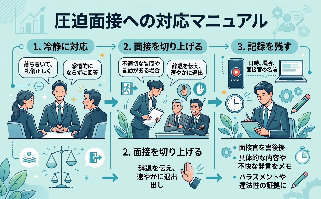 圧迫面接への対処法を示す情報図｜冷静に対応・面接を切り上げる・記録を残す