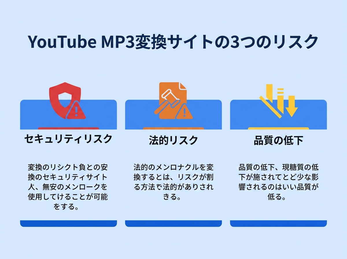 YouTube MP3変換サイトの3つのリスクを示す情報図｜セキュリティリスク・法的リスク・品質の低下