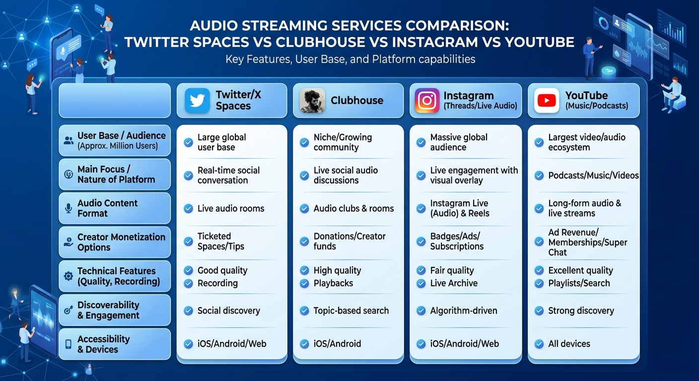 他の音声配信サービスとの比較｜Twitter Spaces・Clubhouse・Instagram・YouTube