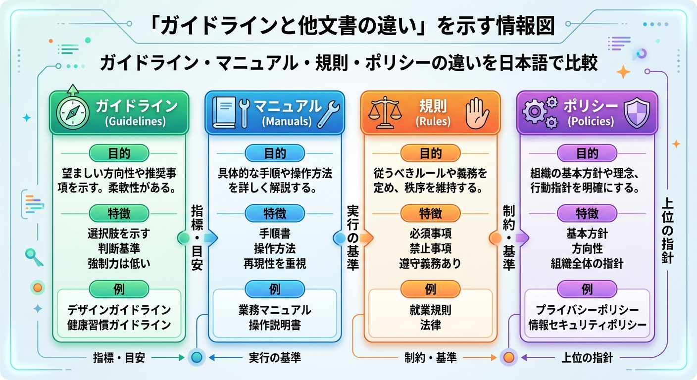 ガイドラインと類似文書の違い|強制力・更新頻度・目的別比較