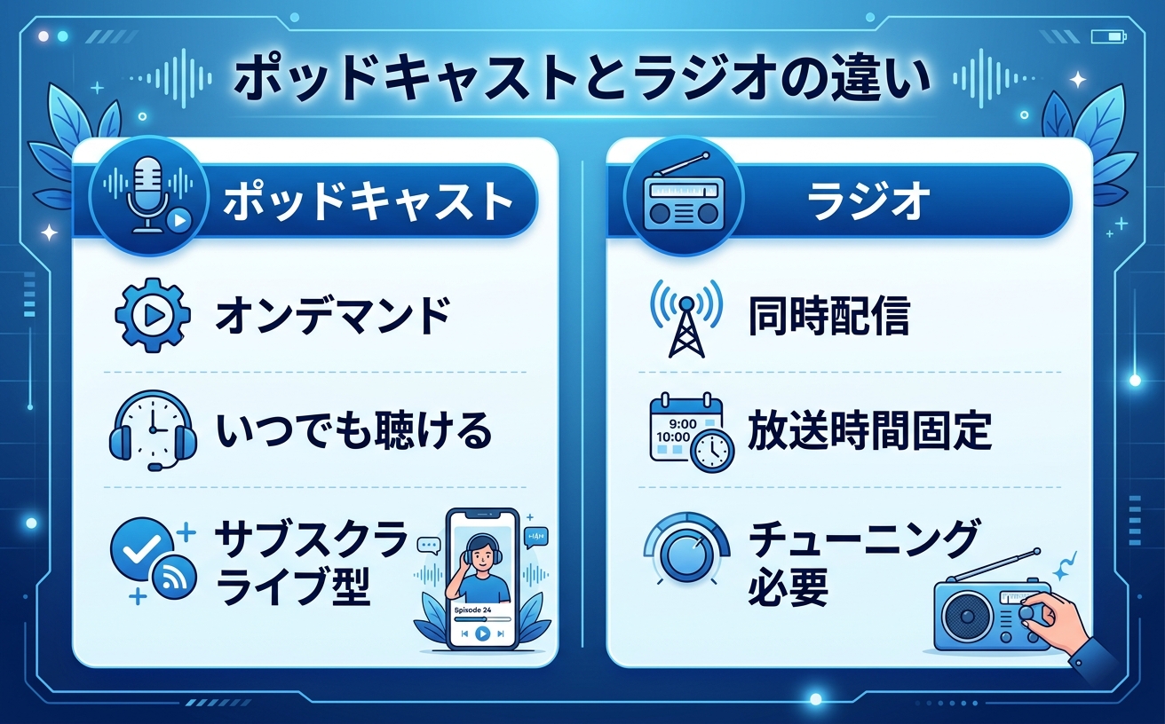 ポッドキャストとラジオの違い｜音声コンテンツ比較
