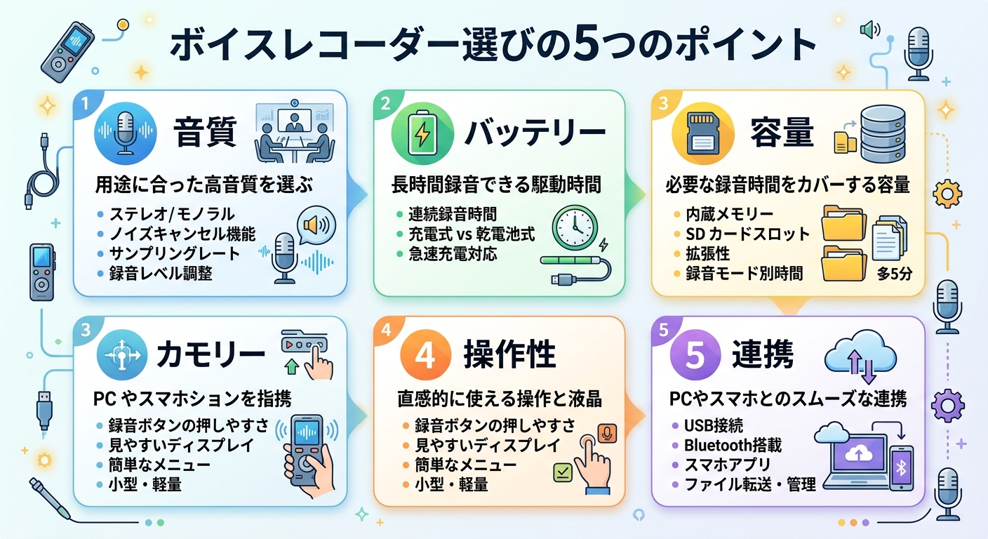 ボイスレコーダー選びの5つのポイント|音質・バッテリー・容量・操作性・連携