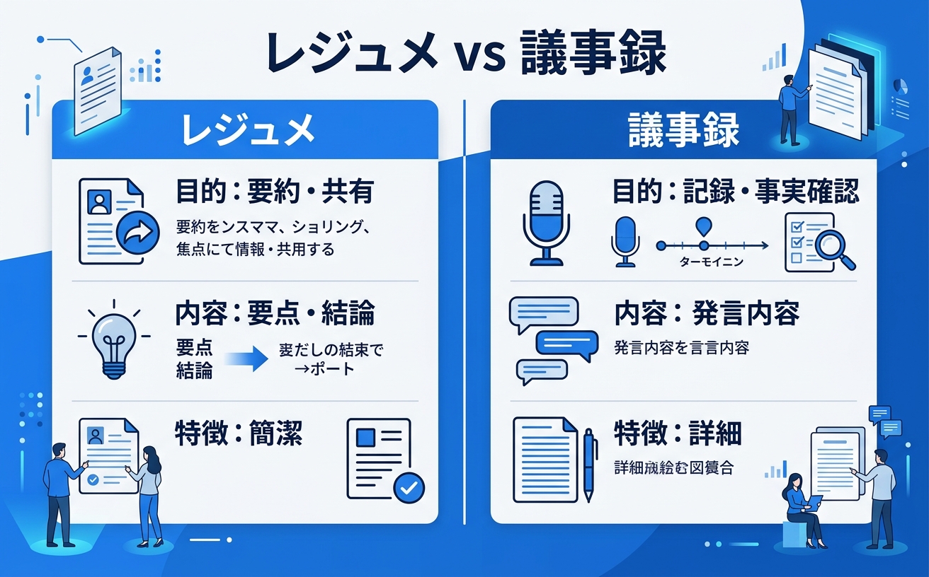レジュメと議事録の違いを比較したインフォグラフィック｜レジュメとは会議内容を効率的に要約するための資料