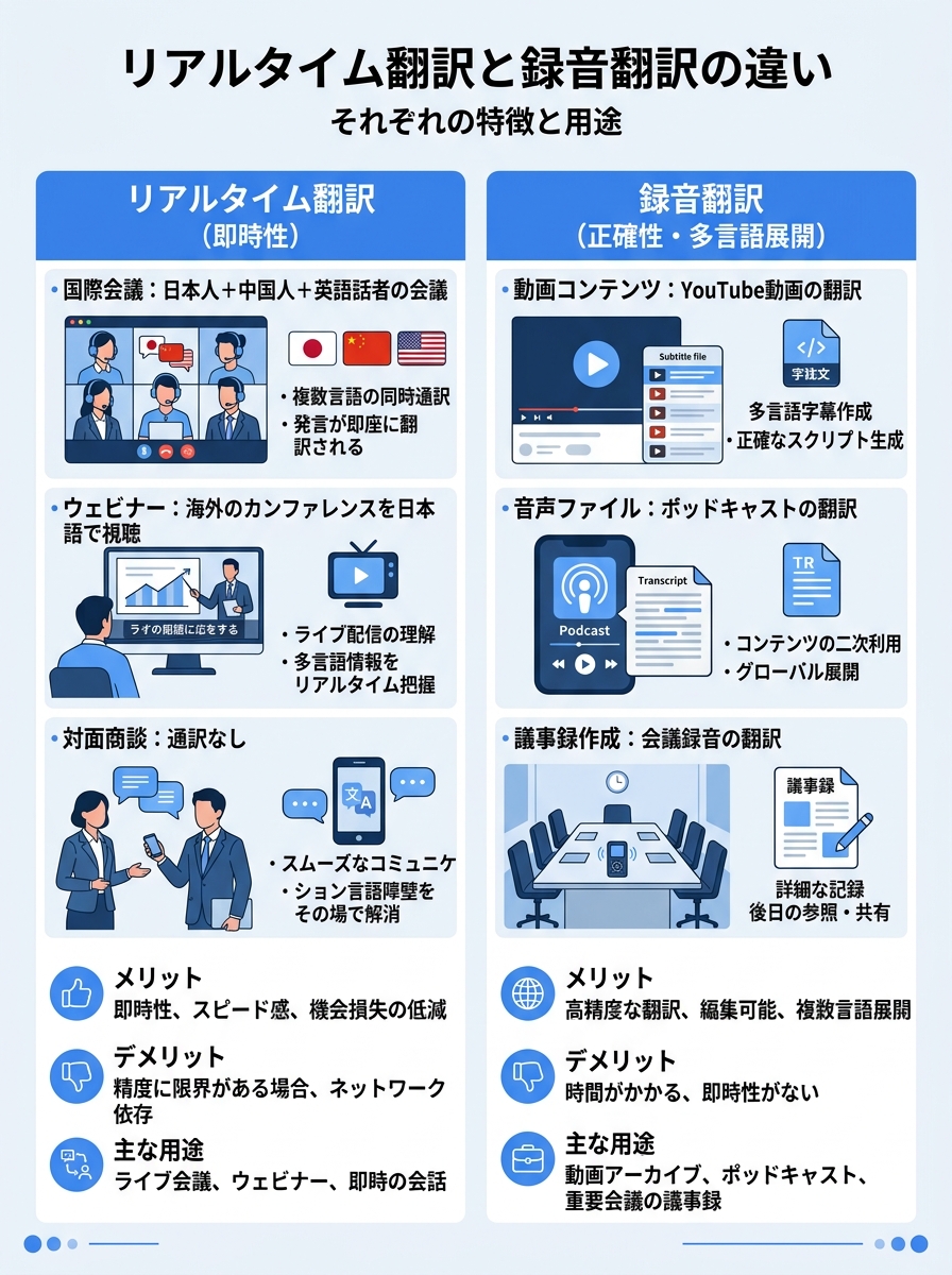 リアルタイム翻訳と録音翻訳の違いの比較図|翻訳 音声を可視化