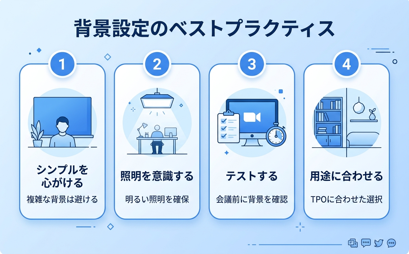 Zoom背景設定のベストプラクティスを示したインフォグラフィック｜zoom 背景設定でプロフェッショナルな会議環境を作る