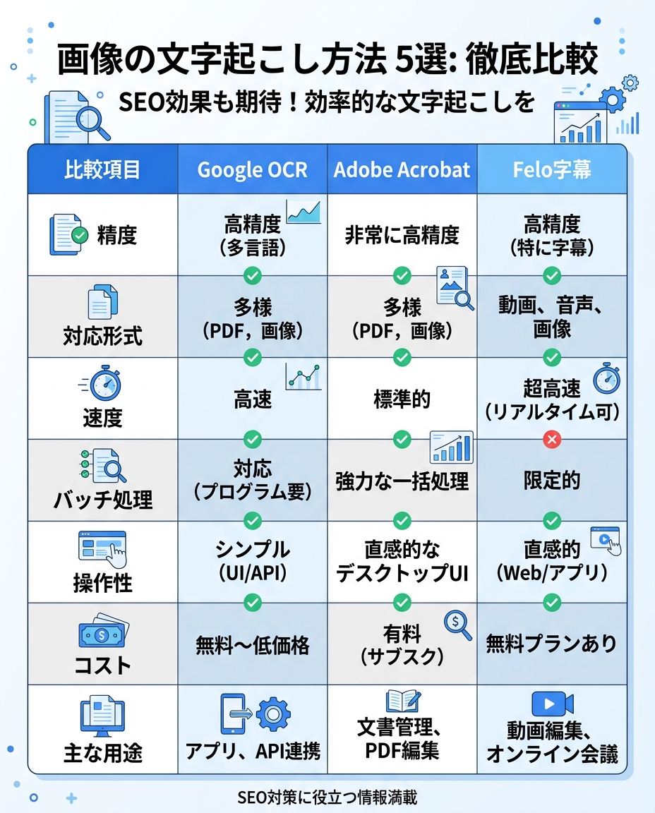 画像の文字起こし方法5選の比較インフォグラフィック｜画像 文字起こし