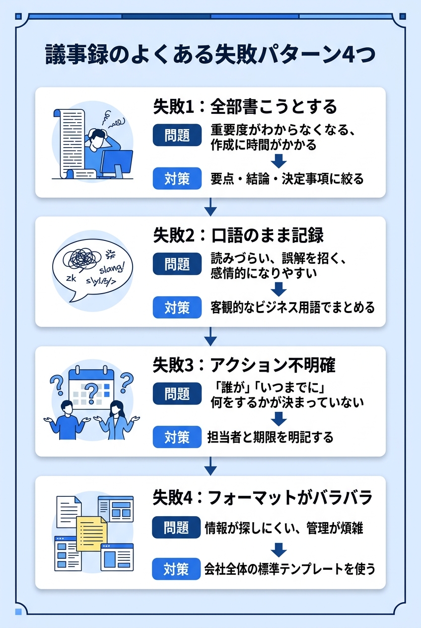 議事録の失敗パターンと対策|会議メモ 効率化