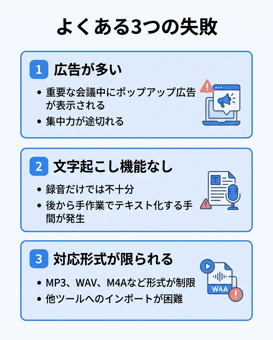 無料ボイスレコーダーアプリ選びによくある3つの失敗をまとめたインフォグラフィック｜広告過多・文字起こし機能不足・対応形式制限