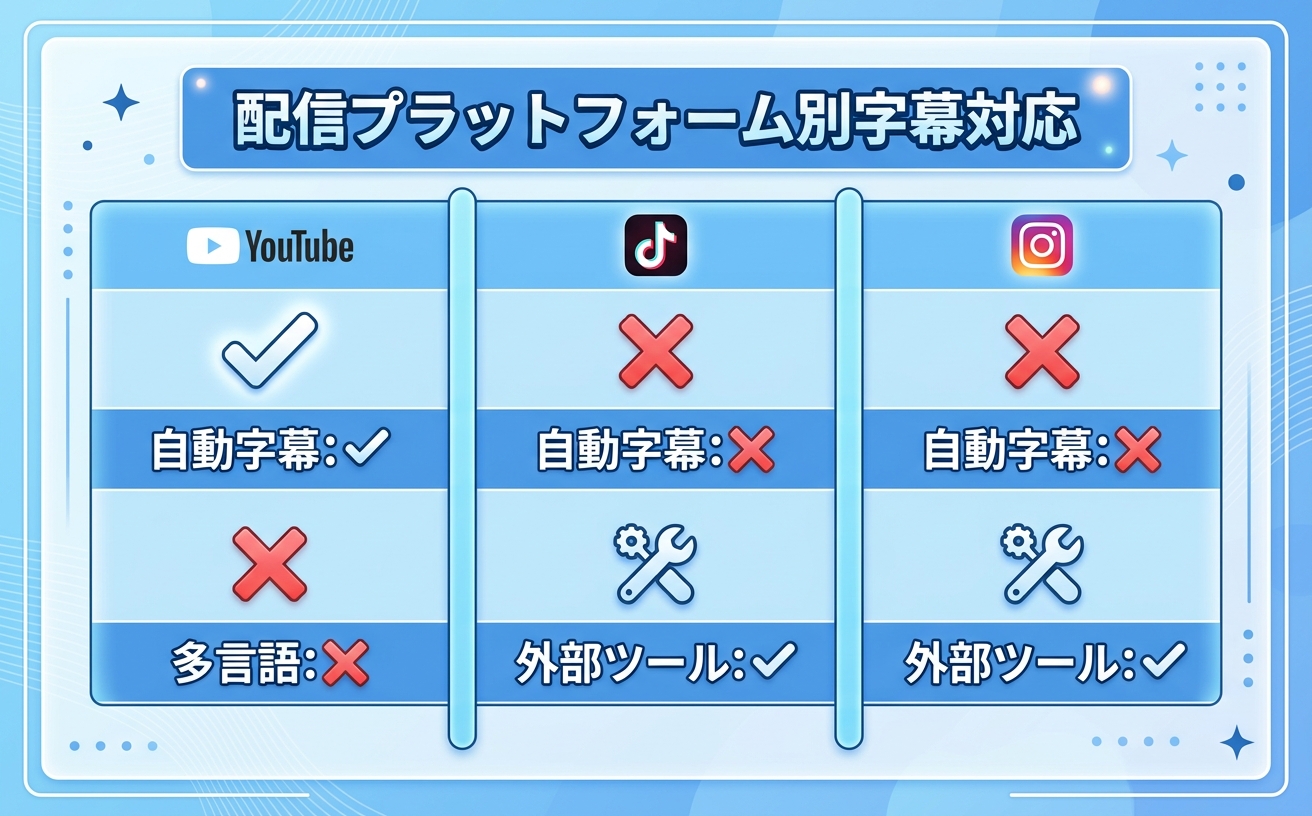 配信プラットフォーム別字幕対応比較|YouTube/TikTok/Instagramの字幕機能