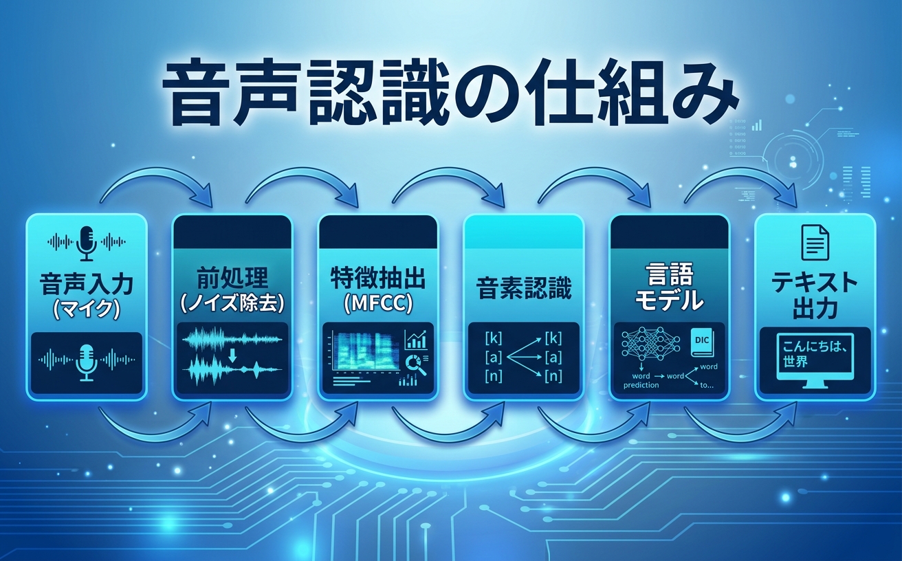 音声認識の仕組みフロー｜音声入力からテキスト出力までのプロセス