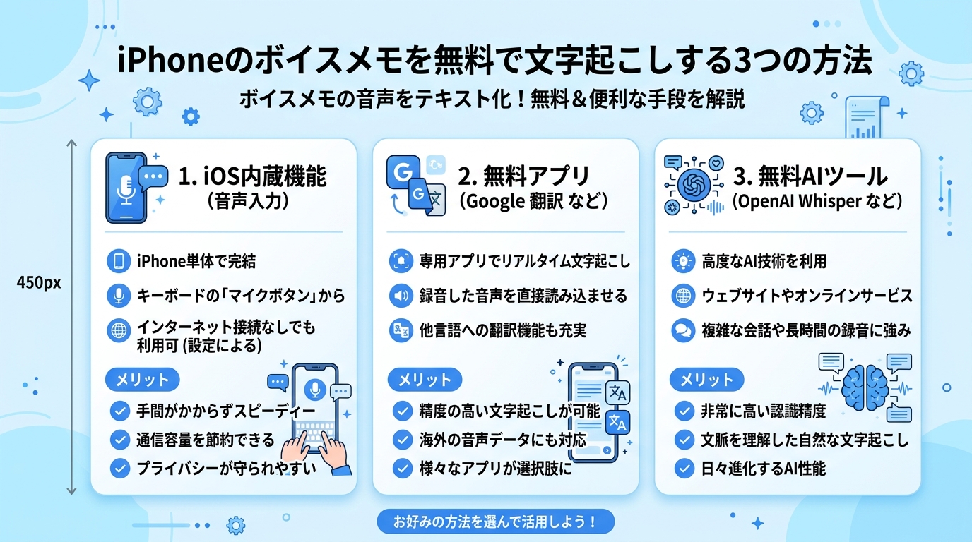 iPhoneボイスメモ無料文字起こしの3つの方法｜無料AI文字起こし