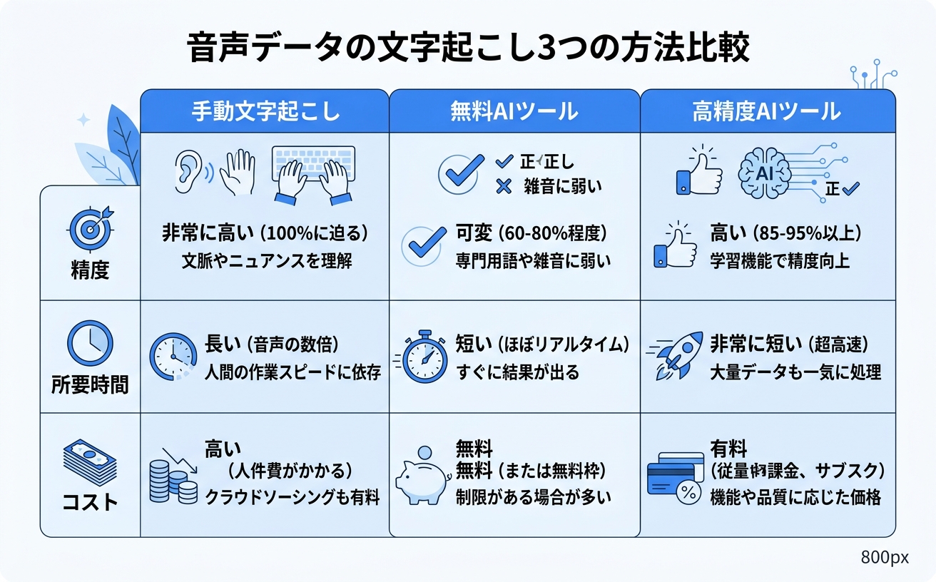 音声データ文字起こしの3つの方法比較｜AI文字起こしツール選び