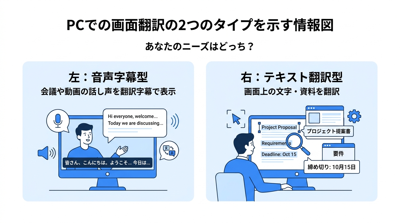 PC画面翻訳の2つのタイプ|音声字幕型とテキスト翻訳型の違い