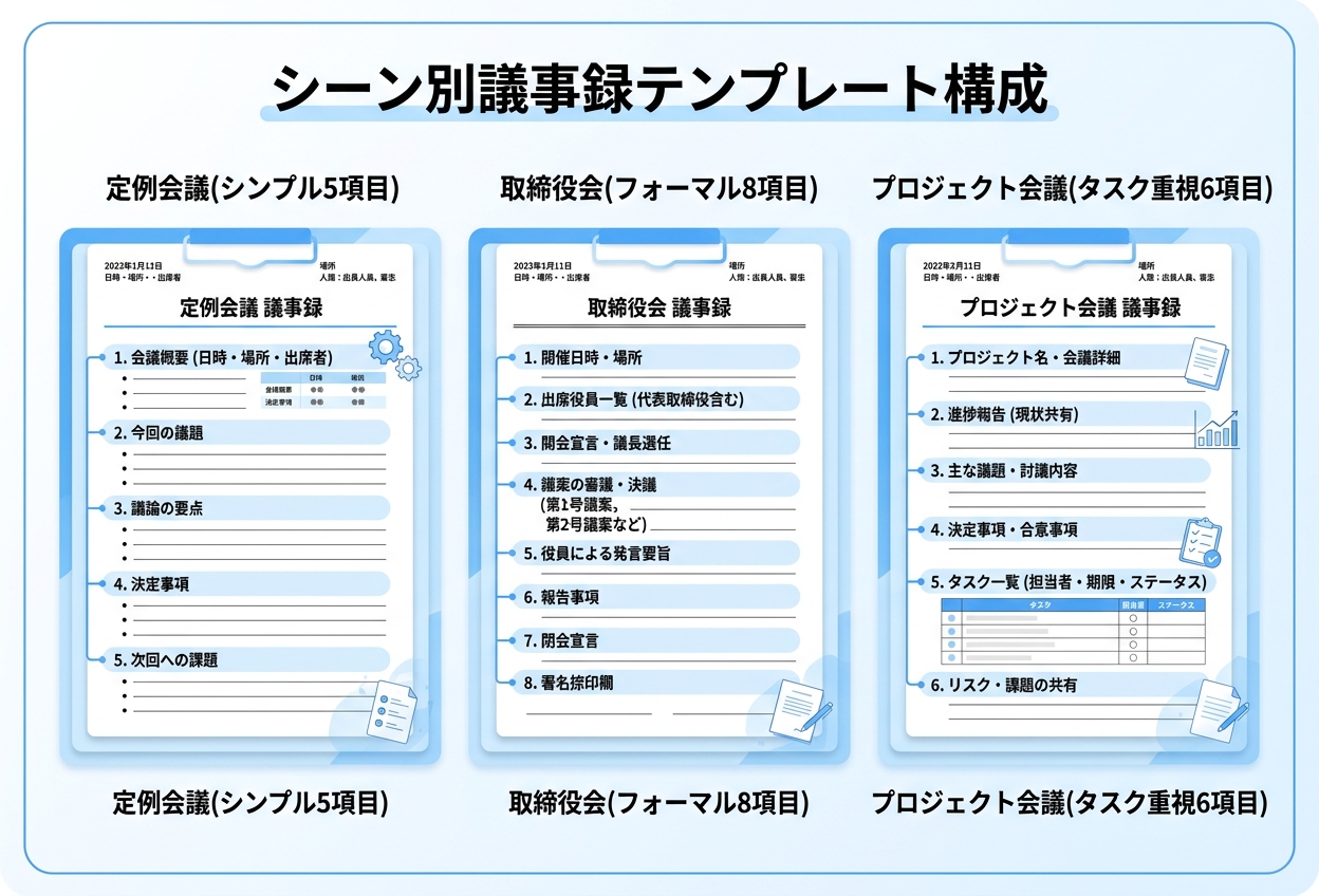 シーン別議事録テンプレート構成比較｜見やすい 議事録 フォーマット テンプレート