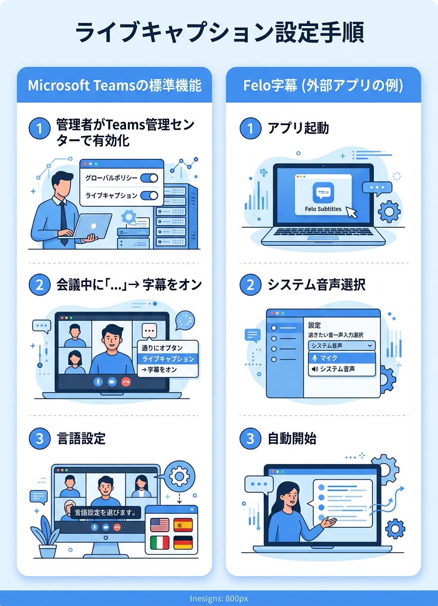 ライブキャプション設定手順インフォグラフィック|teams ライブキャプション 設定