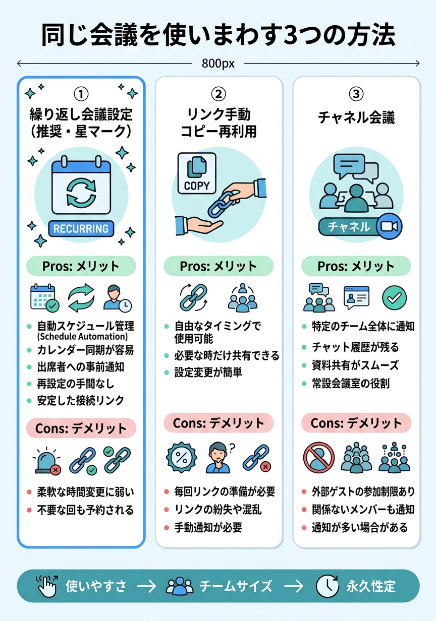 teams-same-meeting-reuse-guide 課題と解決策インフォグラフィック|teams 同じ会議 使いまわし