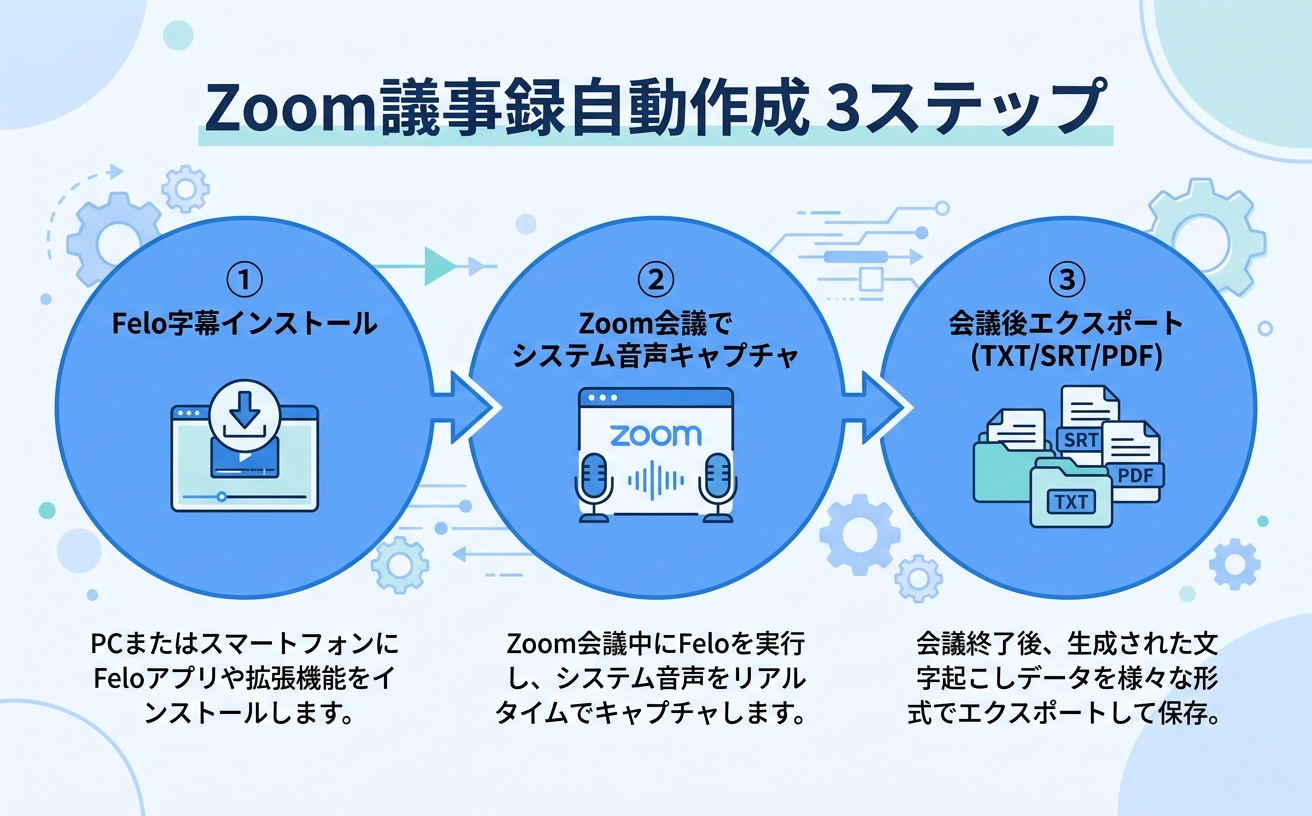 Zoom議事録自動作成 3ステップ フローインフォグラフィック|zoom 議事録 自動作成 手順