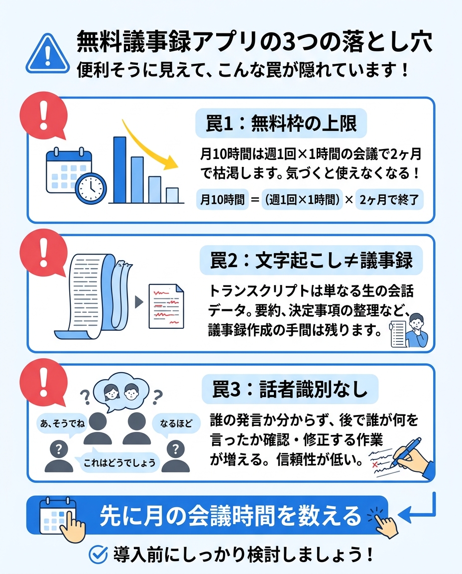 無料議事録アプリの3つの落とし穴|無料枠上限・文字起こし≠議事録・話者識別なし