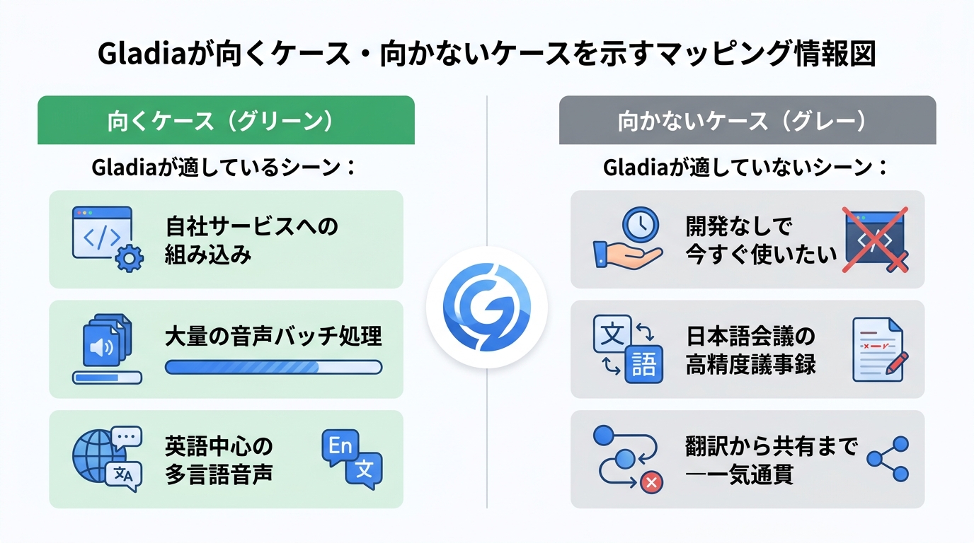 Gladiaが向くケース・向かないケースのマッピング|文字起こしAPIの選定基準