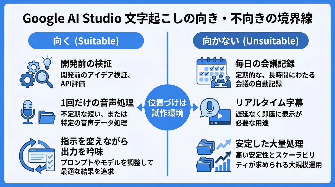 Google AI Studio文字起こしの向き・不向きの境界線|試作環境の位置づけ
