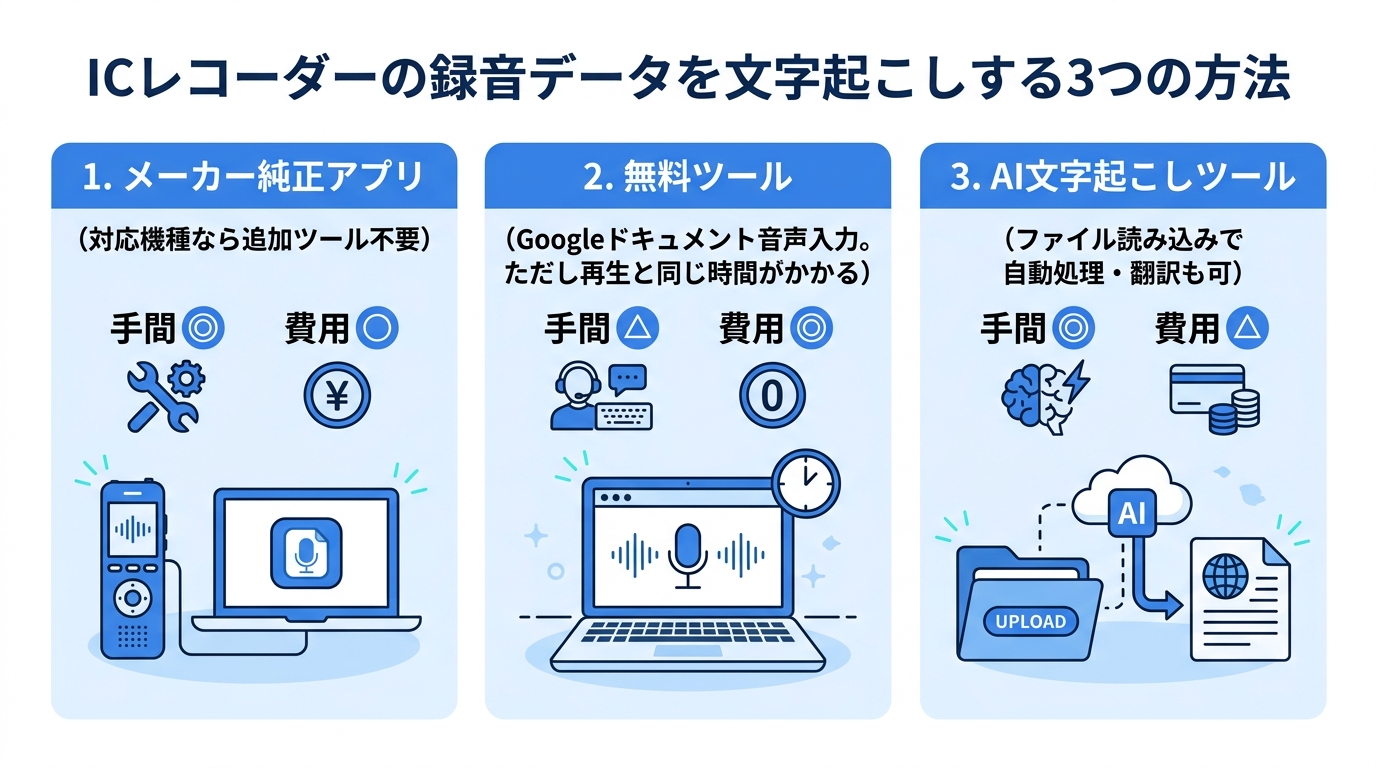 ICレコーダー録音の文字起こし3方法比較|純正アプリ・無料ツール・AIツール