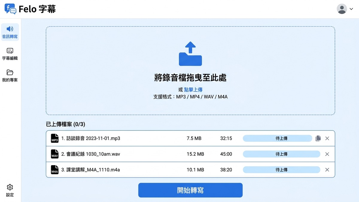 Felo 字幕操作介面展示——上傳錄音檔即可自動轉文字｜AI 音檔轉文字工具