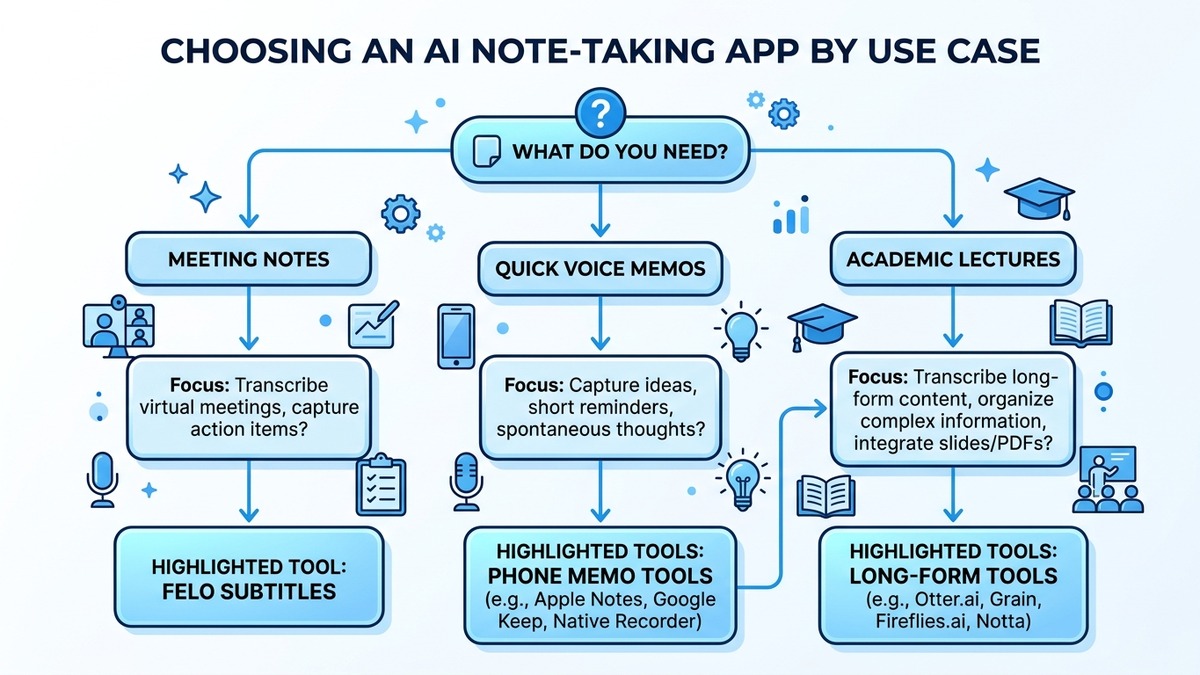 Decision flowchart for choosing the right AI note-taking app by use case｜best ai note taking app 2026 decision guide