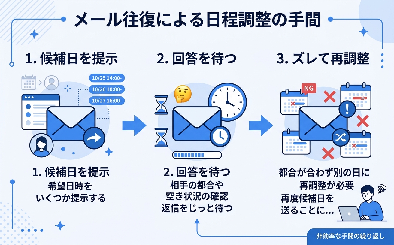 メール往復による日程調整の手間を3段階フローで示すインフォグラフィック|日程調整ツール導入で時短を実現
