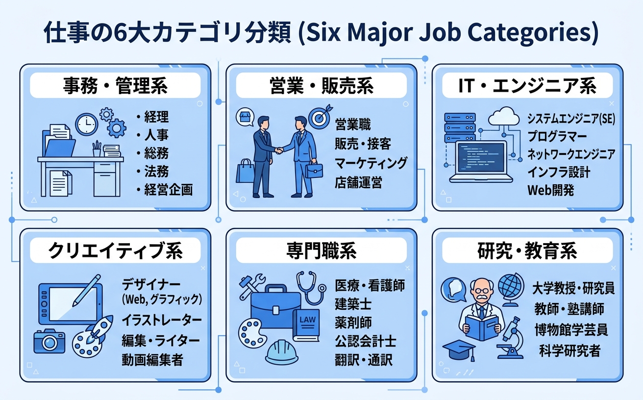 仕事の種類を6大カテゴリに分類したインフォグラフィック｜職業選びの整理